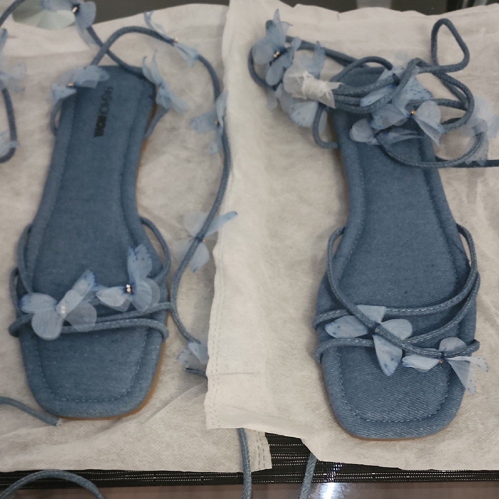 Fashion Nova Let's Fly Away Denim Wrap-up Flat Women's Sandals - Sz 10